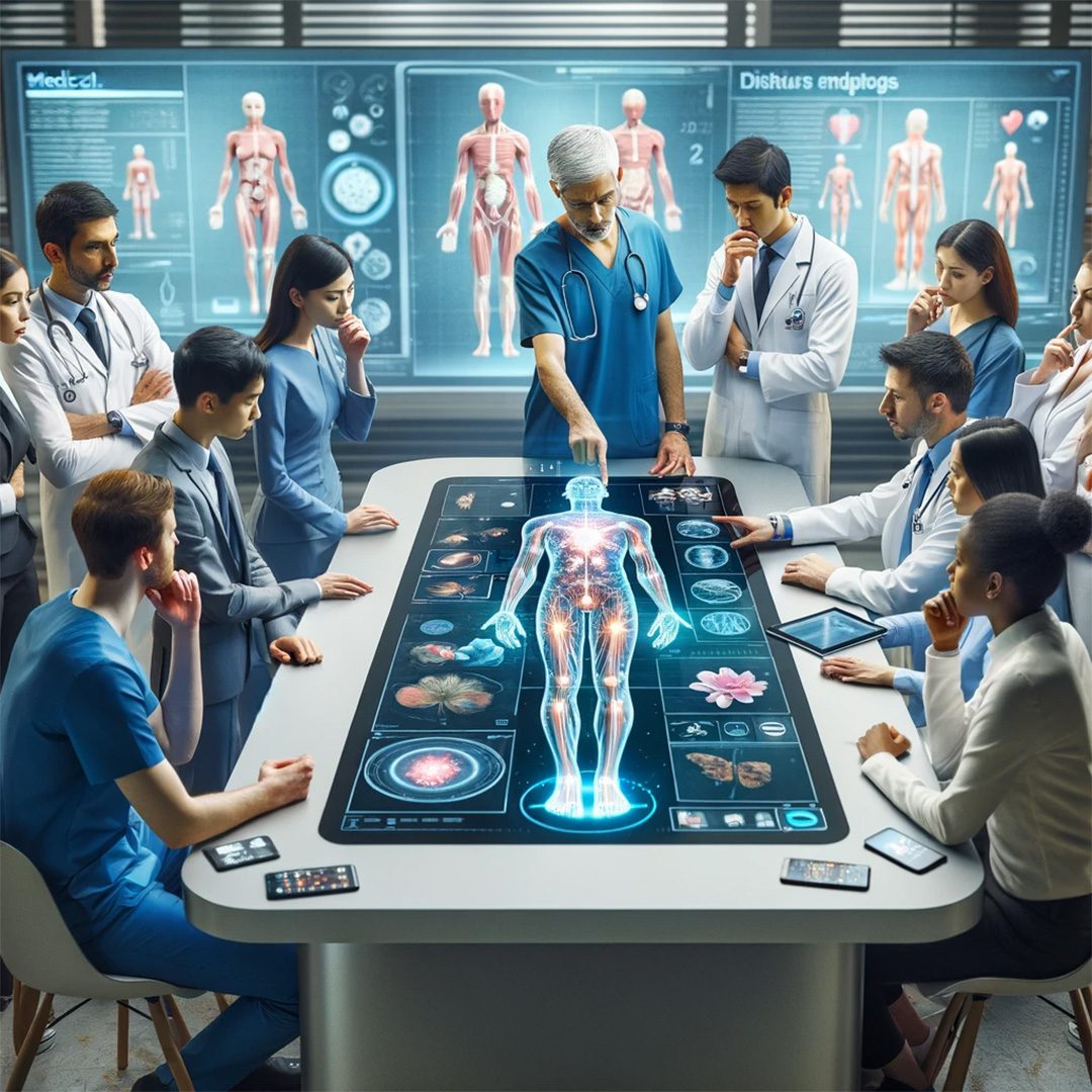 Medizinstudierende in einem interprofessionellen Klassenzimmer betrachten ein dreidimensionales Modell eines medizinischen Falles