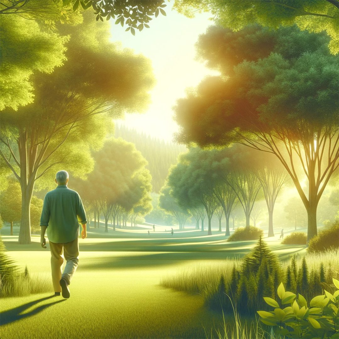 Person macht einen entspannten Spaziergang in einem grünen Park, symbolisiert Gesundheitsvorteile von Bewegung bei Typ-2-Diabetes